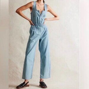 We The Free Lucille Chambray Light Denim Jumpsuit Ruffle Back Tie Size Small